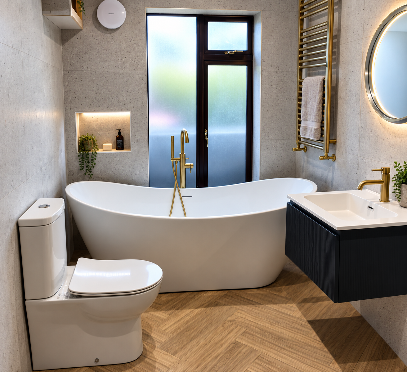 Completed Cork bathroom with white freestanding bath, brass freestanding tap, herringbone floor, dark vanity, tall window, heated towel rail and illuminated round mirror